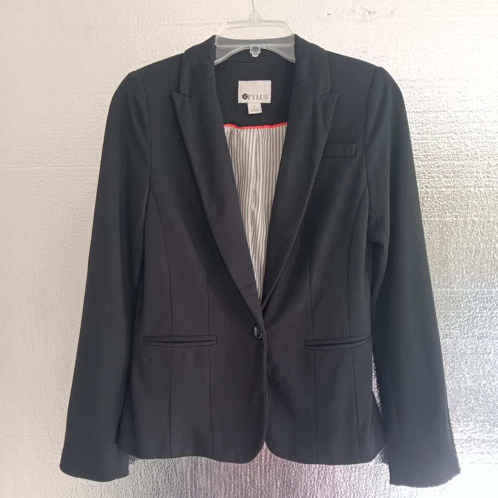 Stylus Blazer Women Size S Black Single Button Pinstripe Lined Jacket